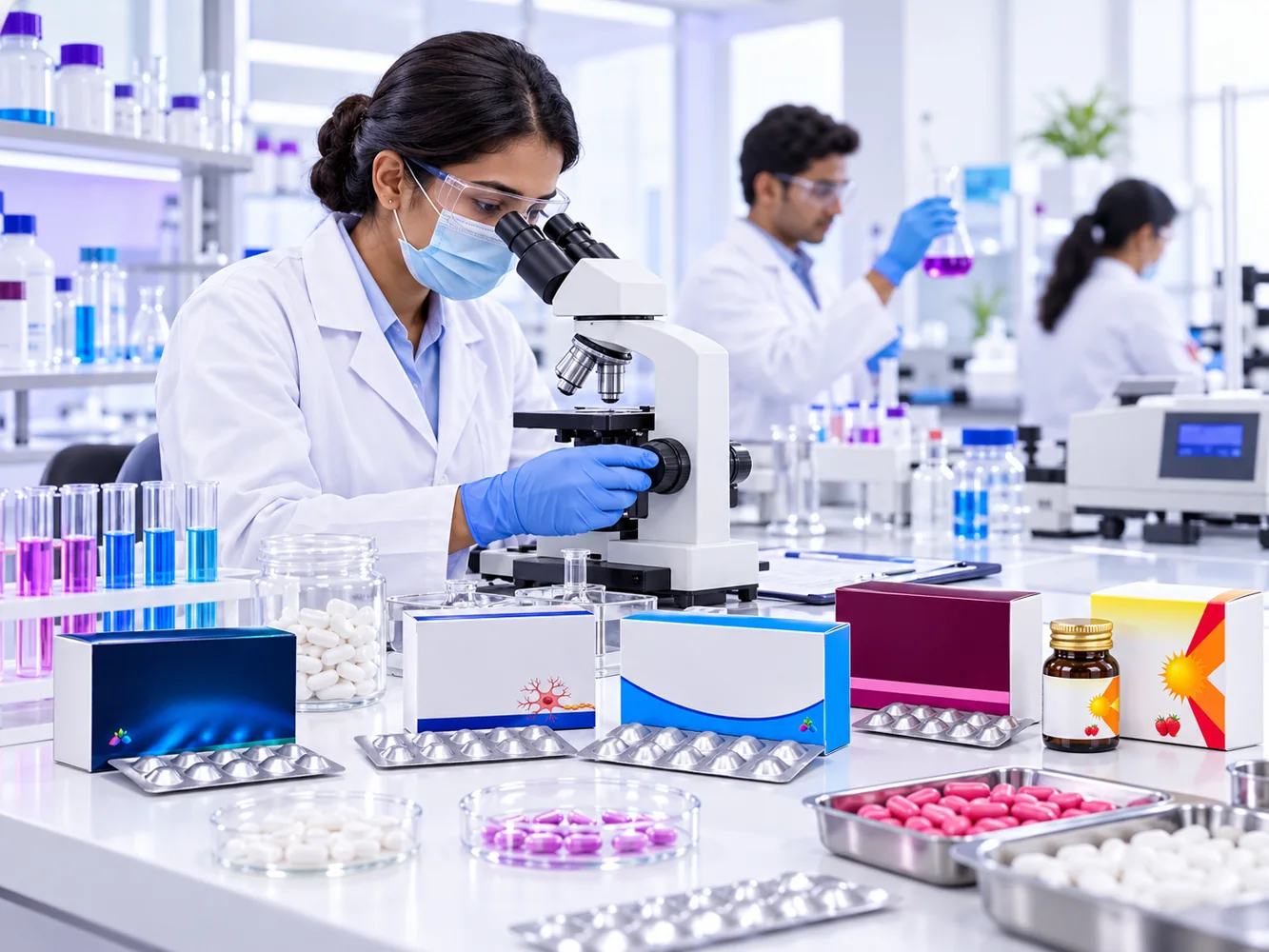 Healthcare research team reviewing product quality